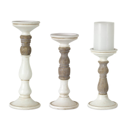 Ivory candle holder set of three with faux wood accents