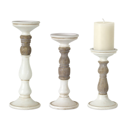Ivory candle holder set of three with faux wood accents