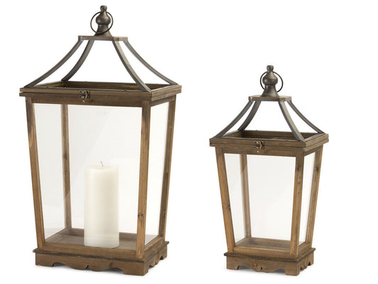 Natural Wooden Lantern with Open Top (Set of 2)