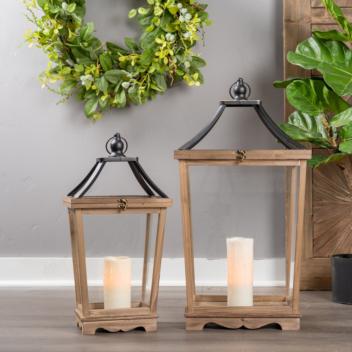Natural Wooden Lantern with Open Top (Set of 2) — additional view