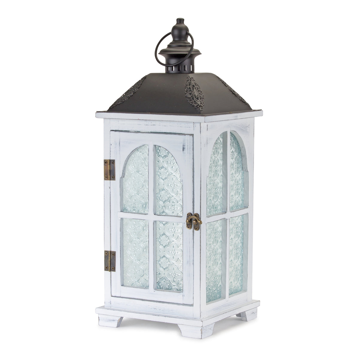 White Wood Lantern with Ornate Frosted Glass (Set of 2) — additional view
