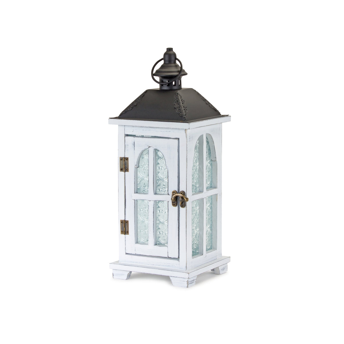 White Wood Lantern with Ornate Frosted Glass (Set of 2) — additional view
