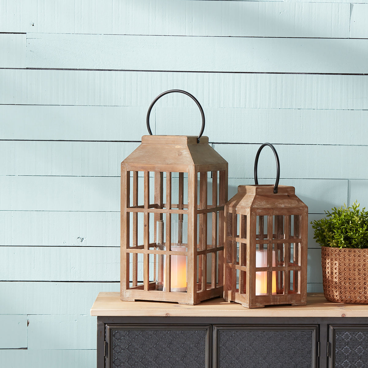 Natural Wooden Lantern with Glass Hurricane — additional view