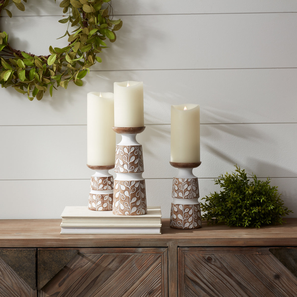 Leaf Pattern Candle Holder with Wood Design (Set of 3) — additional view