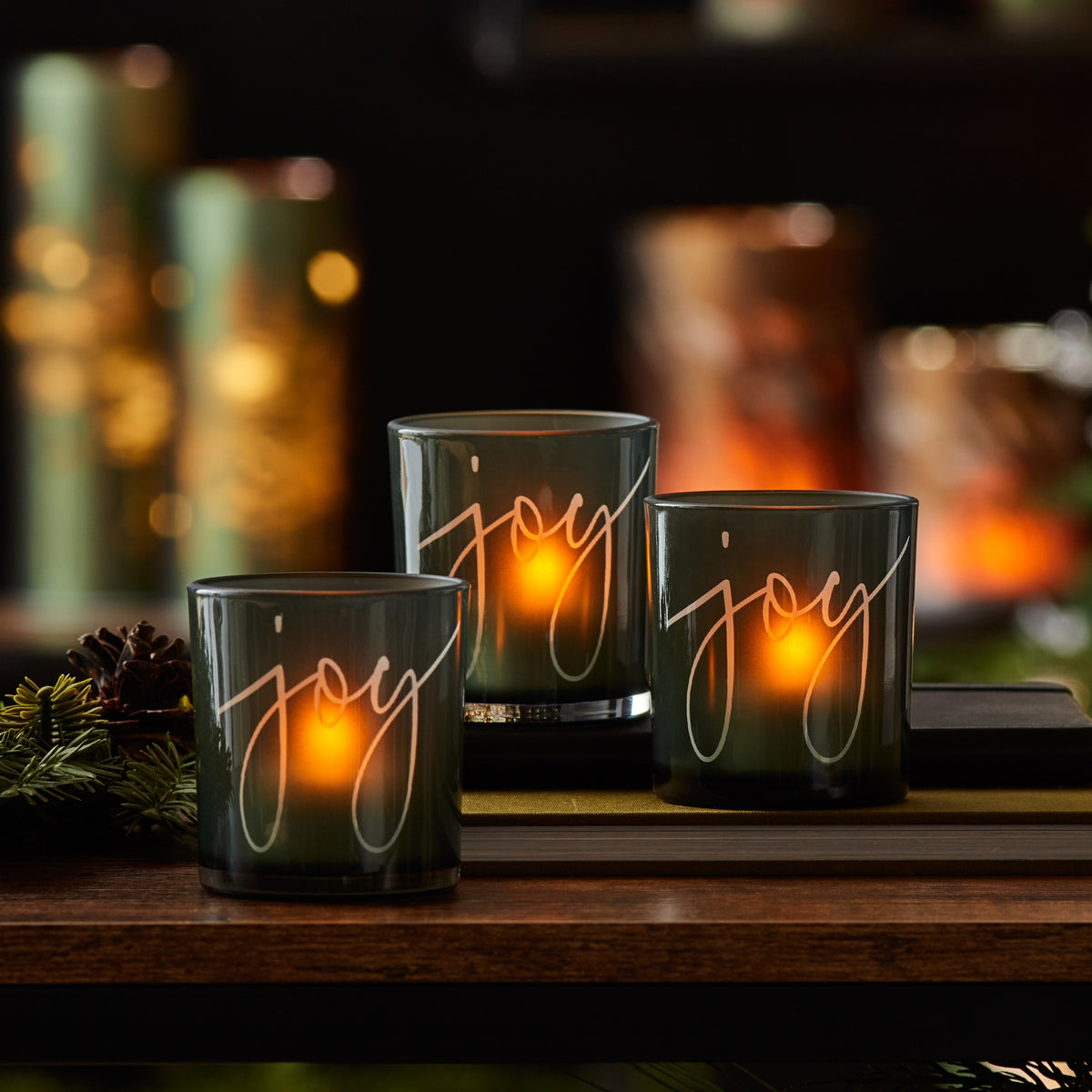 Green Glass Joy Candle Holder (Set of 3) — additional view