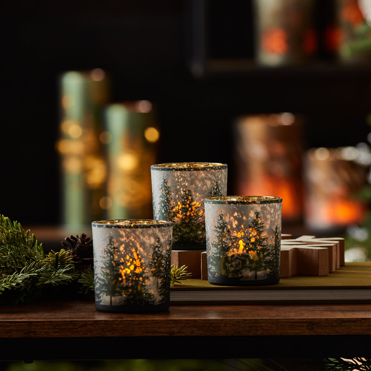 Frosted Pine Mercury Glass Candle Holder (Set of 3) — additional view