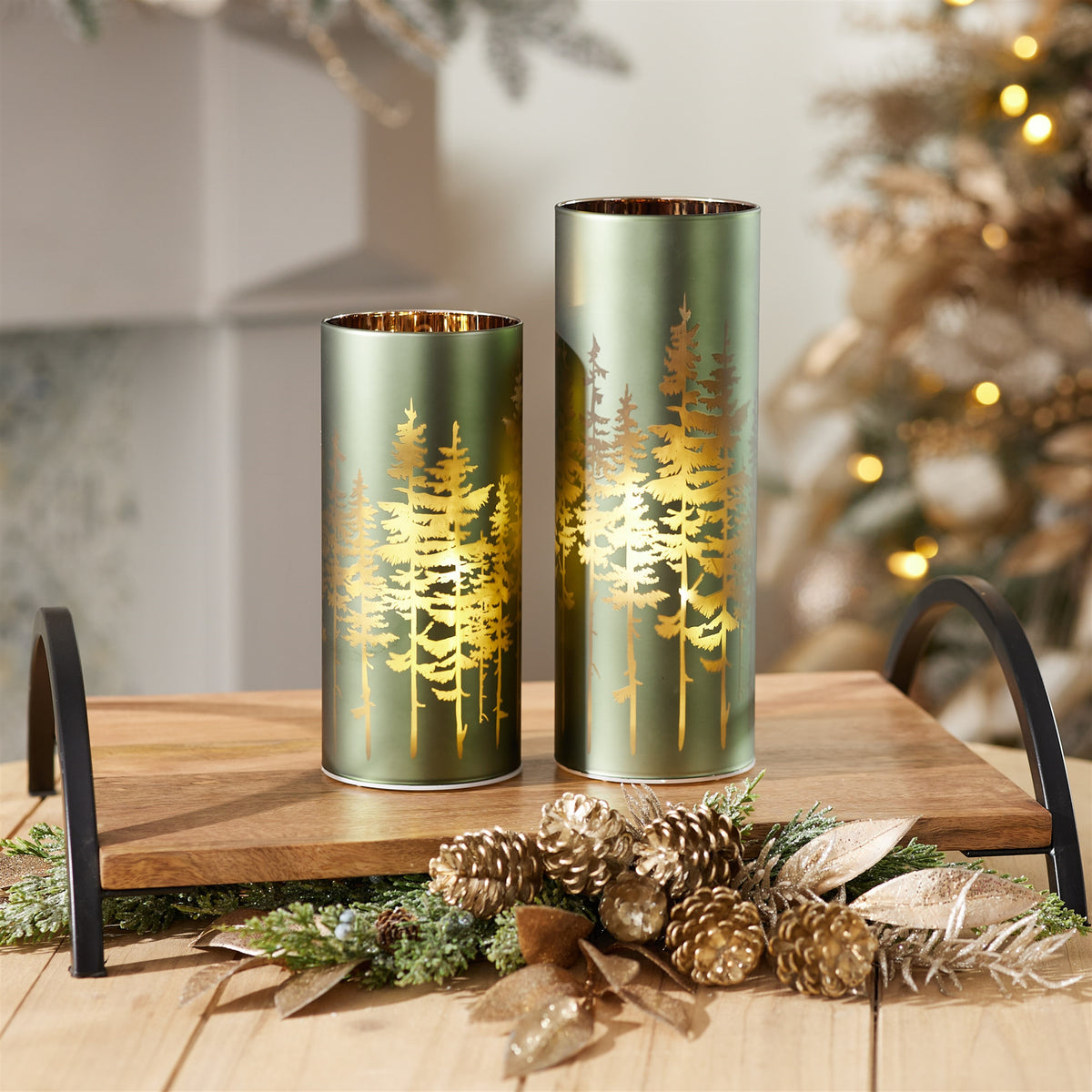 Frosted Pine Trees Glass Candle Holder (Set of 2) — additional view