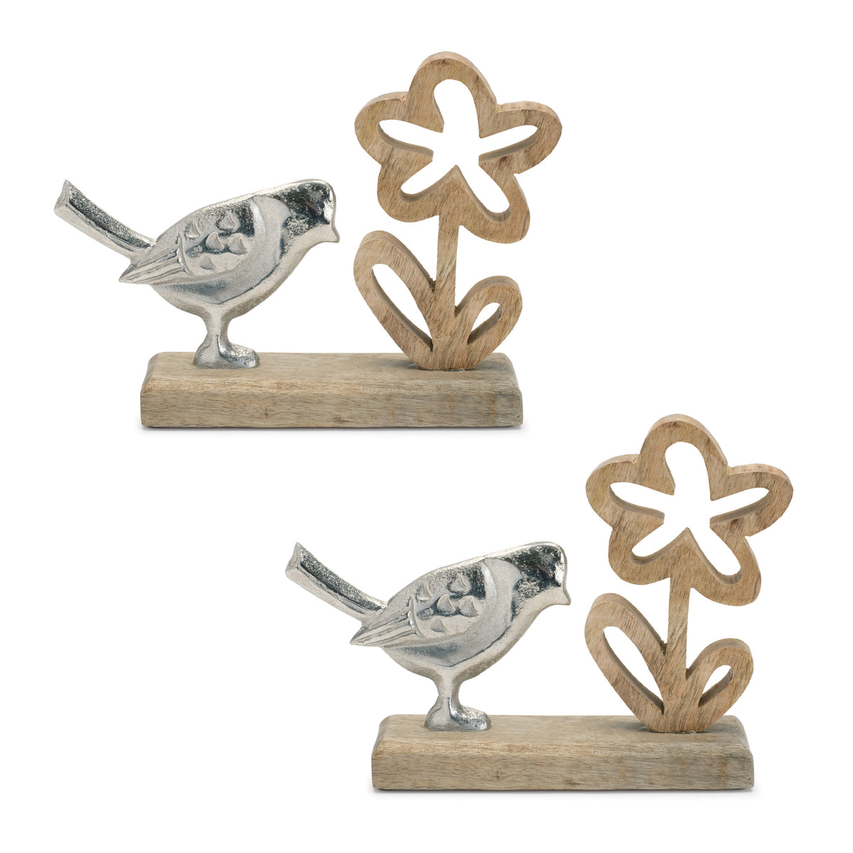 Metal Bird and Flower on Wood Base (Set of 2) — additional view