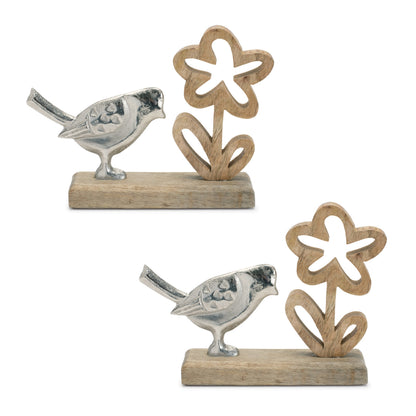 Metal Bird and Flower on Wood Base (Set of 2) — additional view
