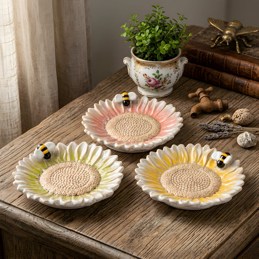 Assorted Flower and Bee Pillar Candle or Wine Base Plate Round 5″ Set of 3