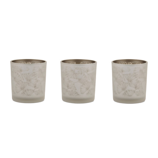 Frosted white and bronze botanical glass votive candle holder