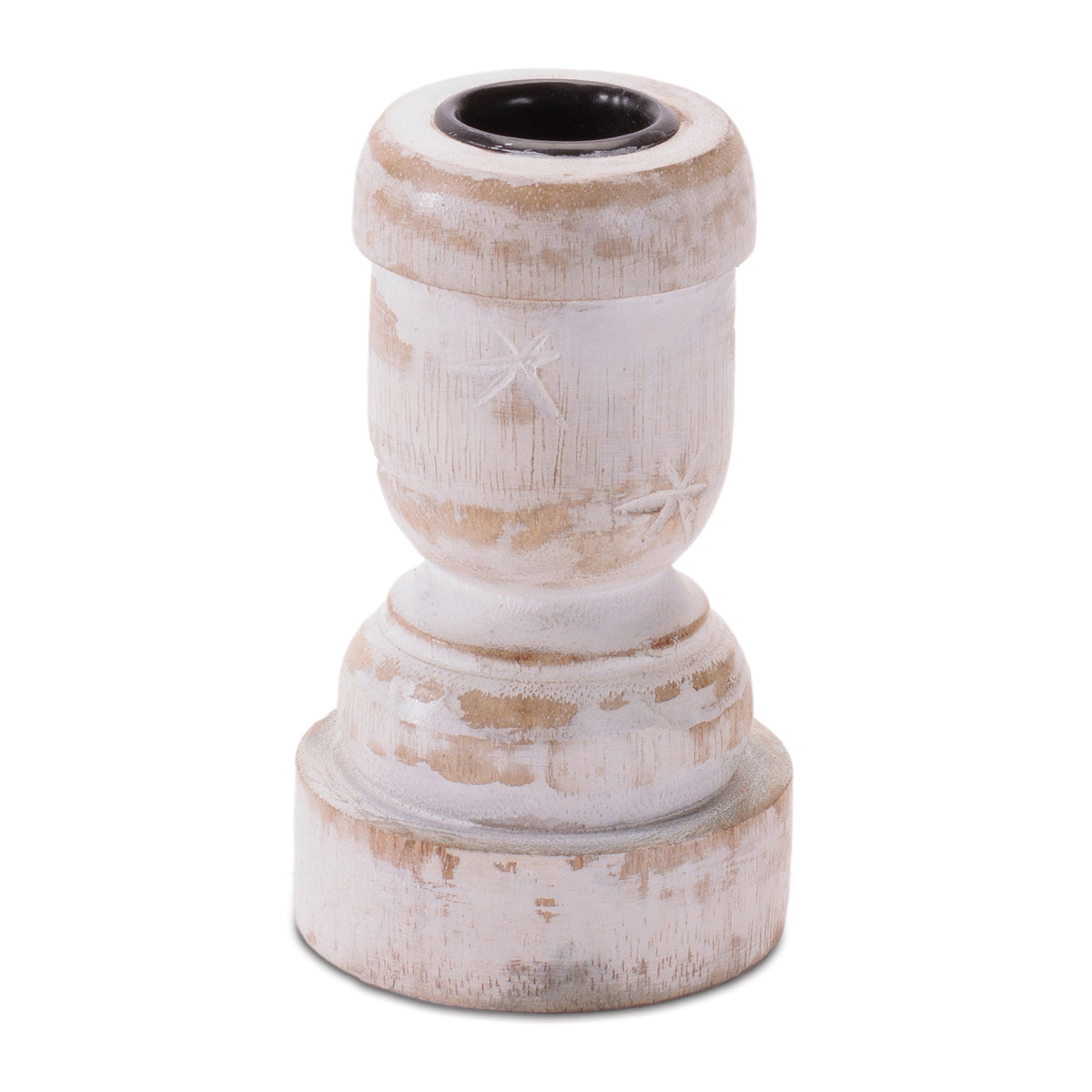 One representative white washed wood taper candle holder from the set of two matching pieces