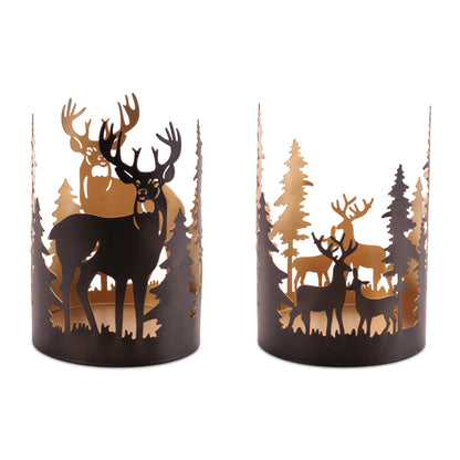 Deer and Tree Candle Holder (Set of 2) 4.5"D x 5"H, 4.5"D x 6.25"H Metal