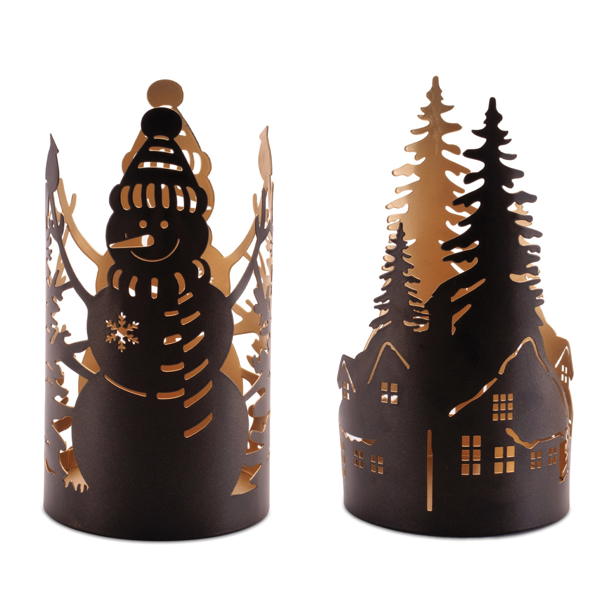 House/Tree and Snowman Candle Holder (Set of 2) 4.5"D x 7.75"H, 4.5"D x 8.5"H Metal