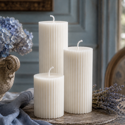 Striped White Beeswax Pillar Candle Set