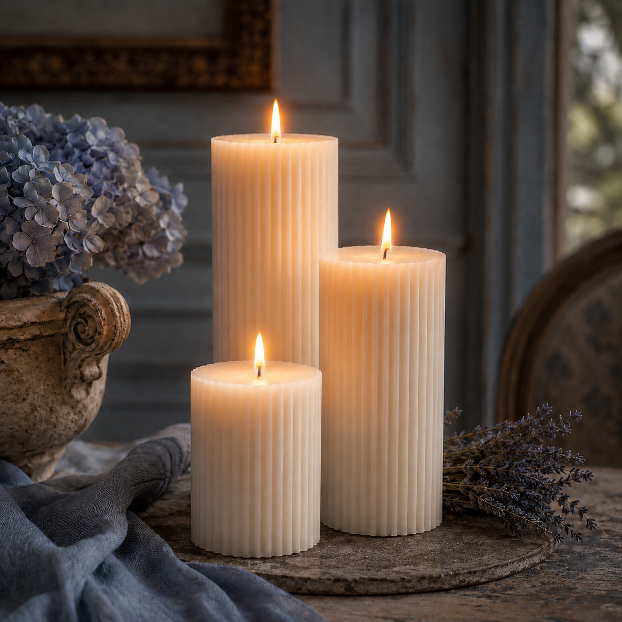 Striped White Beeswax Pillar Candle Set