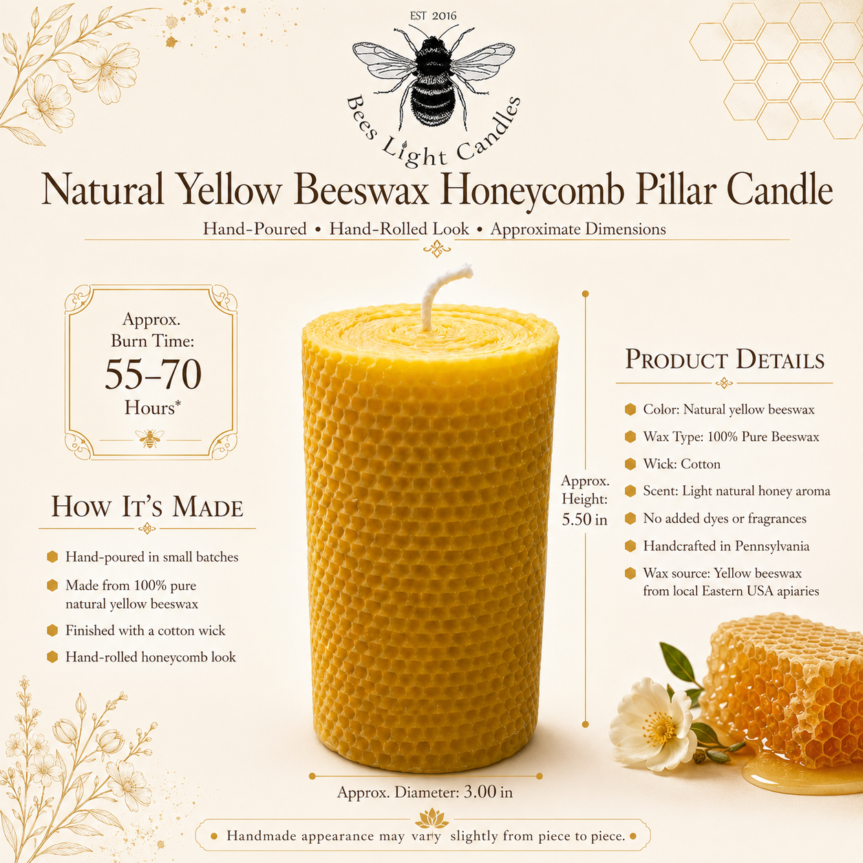 Large Honeycomb Beeswax Pillar Candle