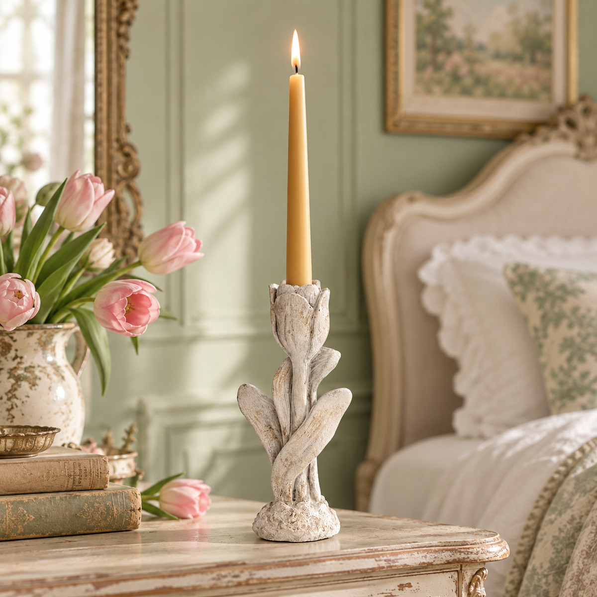 Tulip Floral Cement Taper Candle Holder