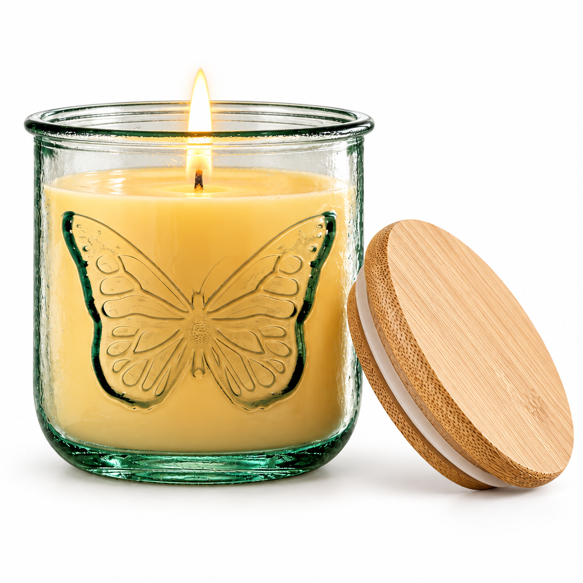 Butterfly Beeswax Candle – 10 oz Recycled Spanish Glass Jar with Bamboo Lid Hand Poured in USA