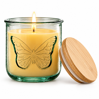 Butterfly Beeswax Candle – 10 oz Recycled Spanish Glass Jar with Bamboo Lid Hand Poured in USA