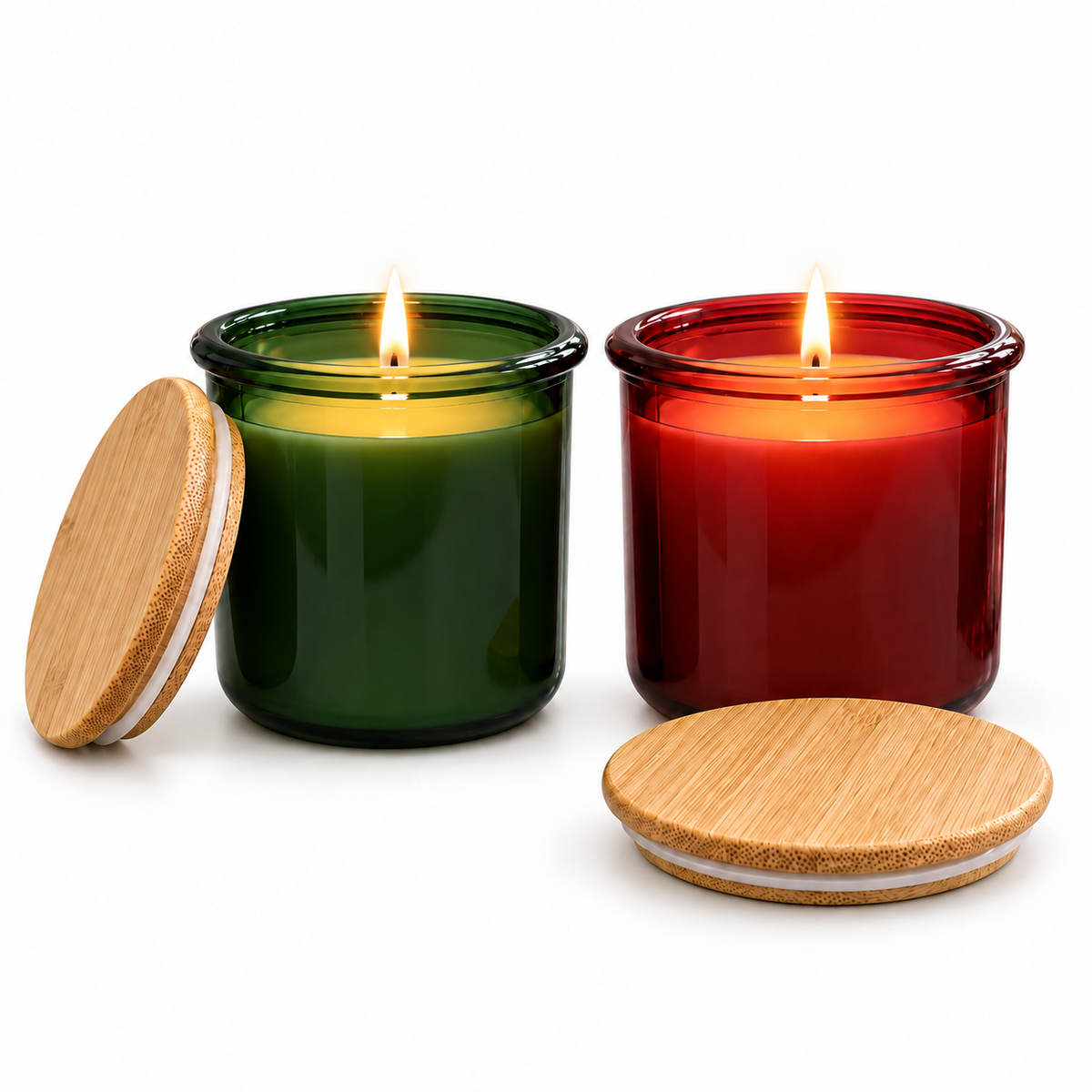 Christmas Beeswax 10 oz Candle Set, Crimson & Evergreen Spanish Recycled Glass with Bamboo Lids, Hand Poured USA