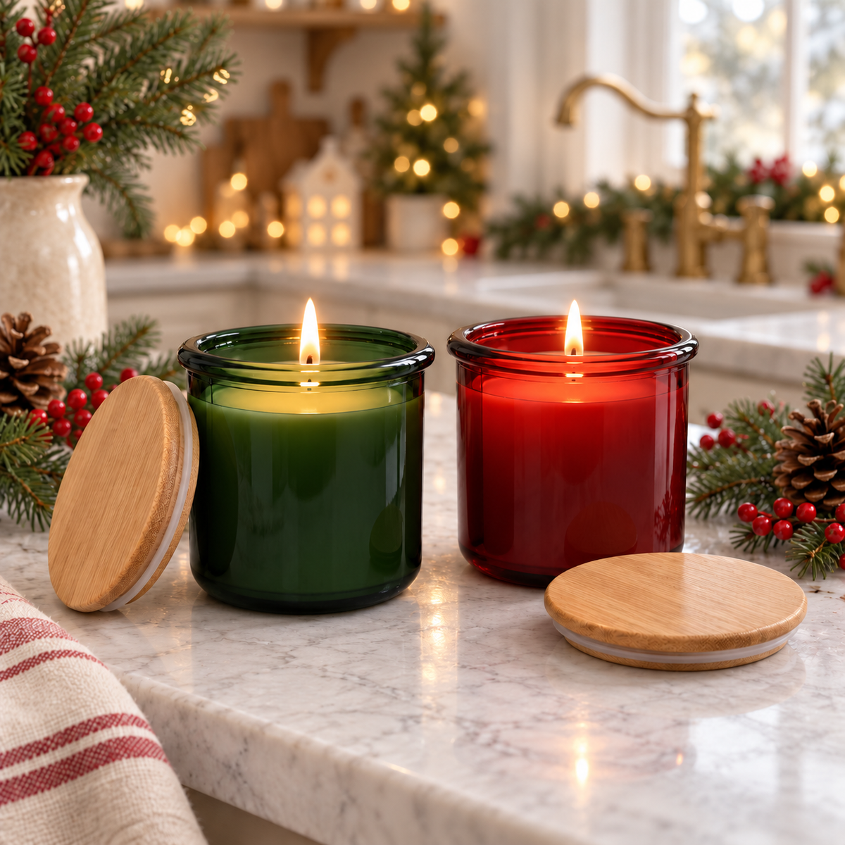 Christmas Beeswax 10 oz Candle Set, Crimson & Evergreen Spanish Recycled Glass with Bamboo Lids, Hand Poured USA