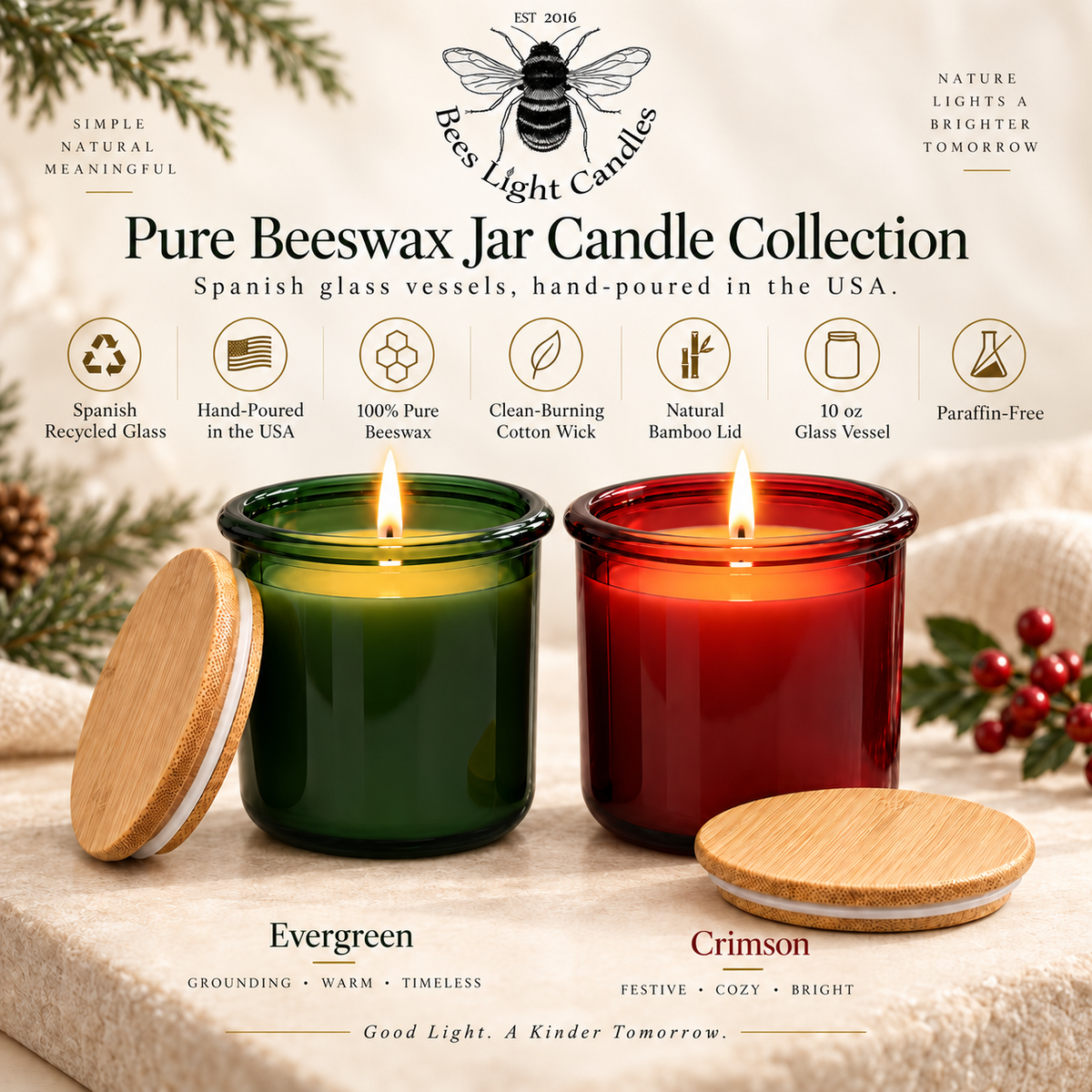Christmas Beeswax 10 oz Candle Set, Crimson & Evergreen Spanish Recycled Glass with Bamboo Lids, Hand Poured USA