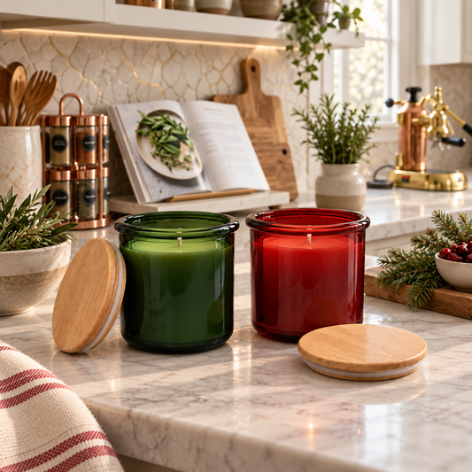 Green and red glass beeswax jar candles with bamboo lids on a decorated kitchen counter.