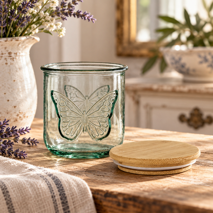 Butterfly Beeswax Candle – 10 oz Recycled Spanish Glass Jar with Bamboo Lid Hand Poured in USA