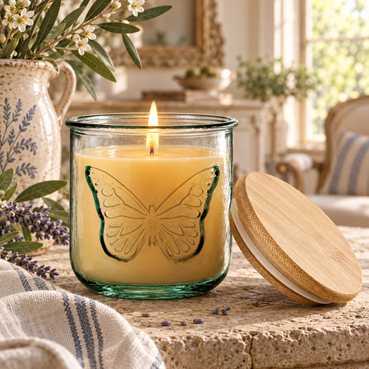 Lit beeswax candle in a butterfly-embossed glass jar with its bamboo lid resting beside it.
