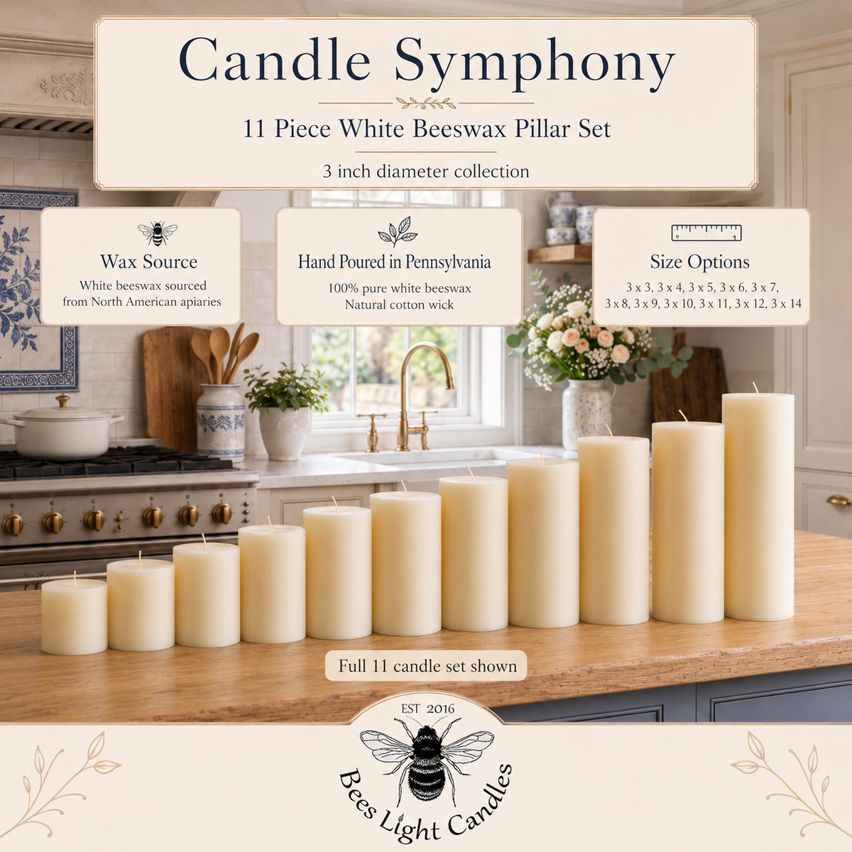 Candle Symphony product graphic with white pillar candles, size options and an 11-piece set label.