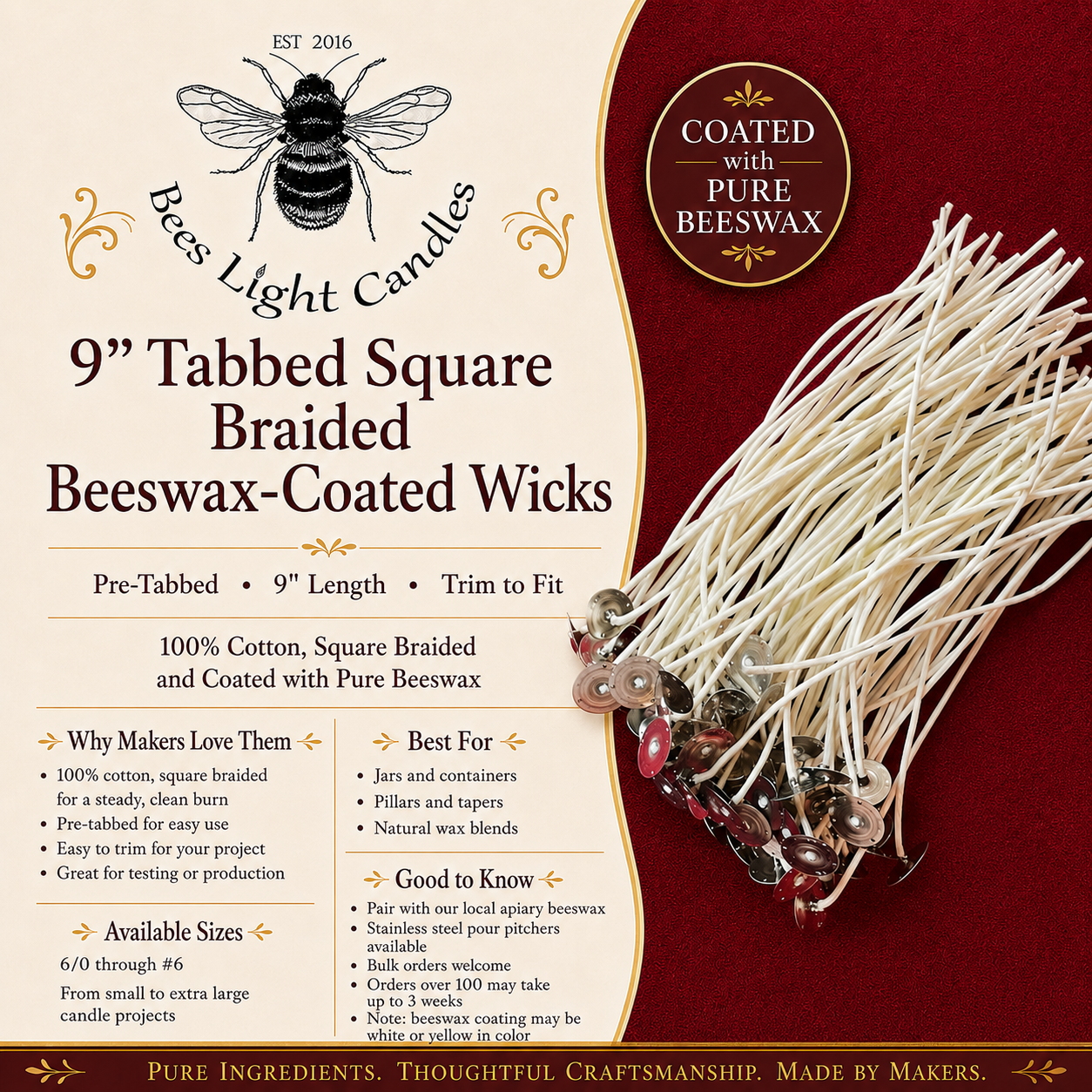 9 Inch Square Braided Series Beeswax Coated Cotton Wicks with Metal Tab