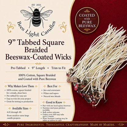 9 Inch Square Braided Series Beeswax Coated Cotton Wicks with Metal Tab