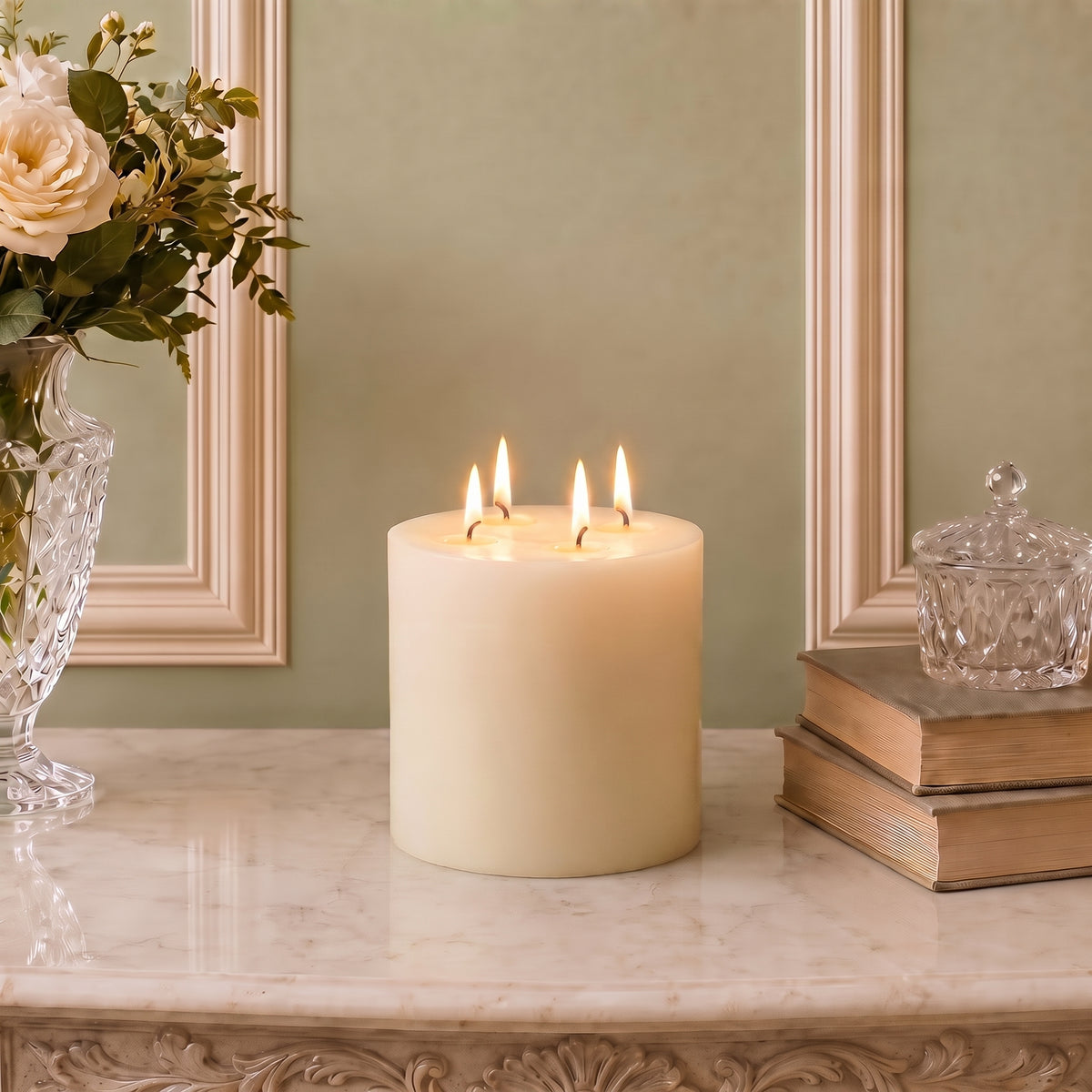 White four-wick beeswax pillar candle burning on marble, framed by flowers and pale wall molding.