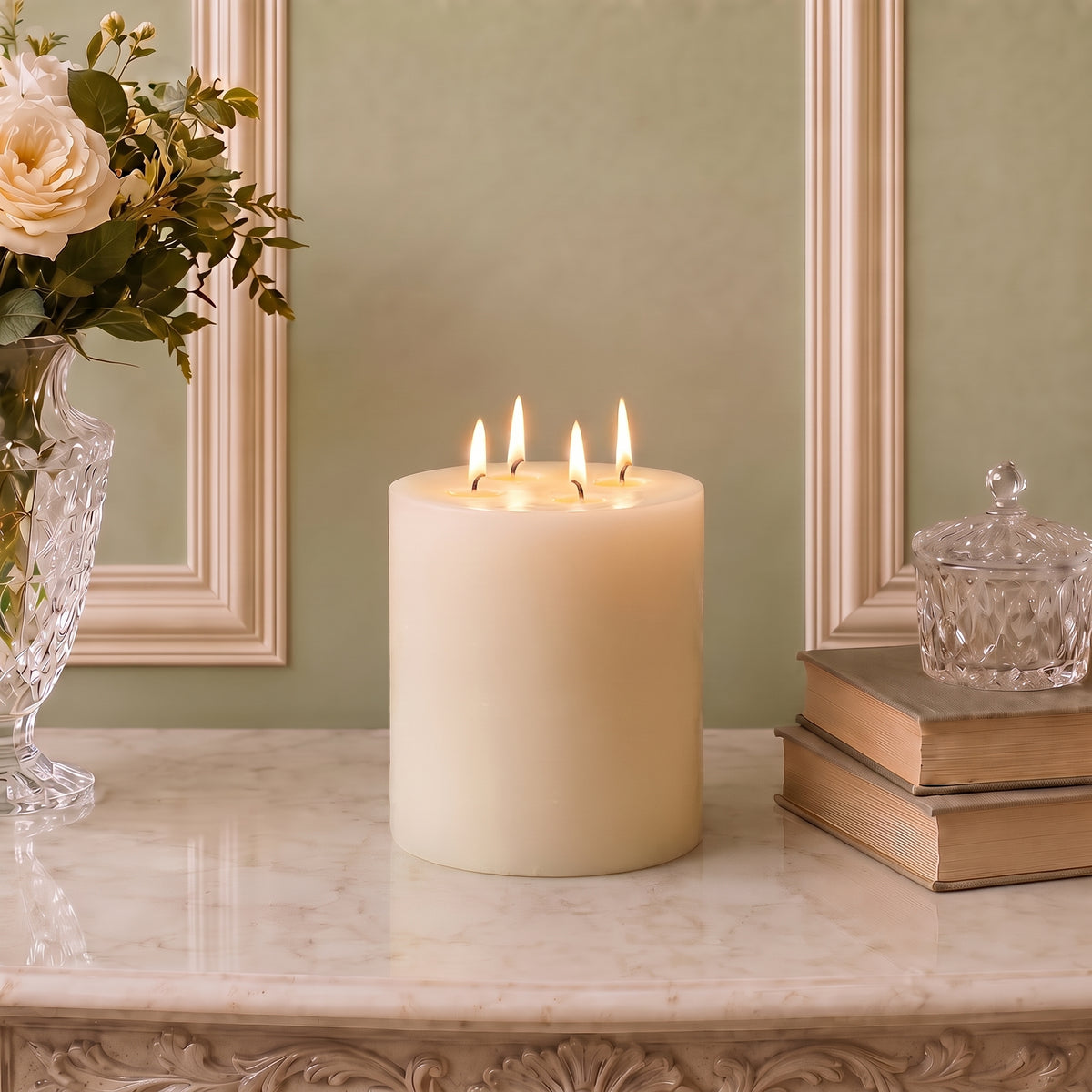 White beeswax pillar candle with four lit wicks beside books and white roses.