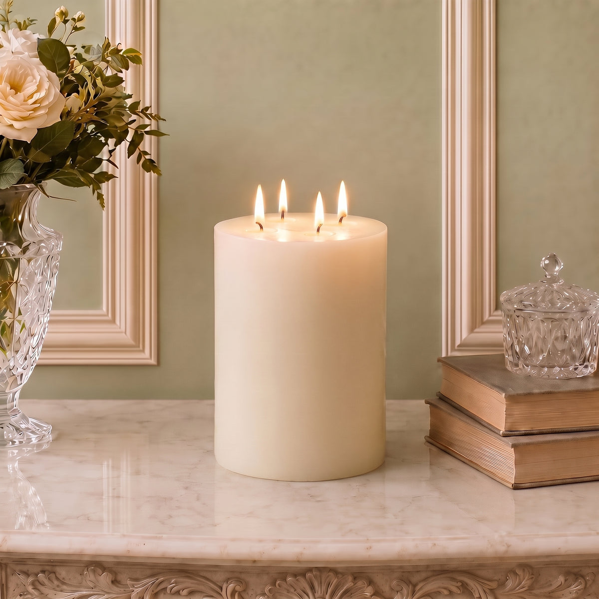 Tall white four-wick beeswax pillar candle glowing on a marble table against a sage wall.