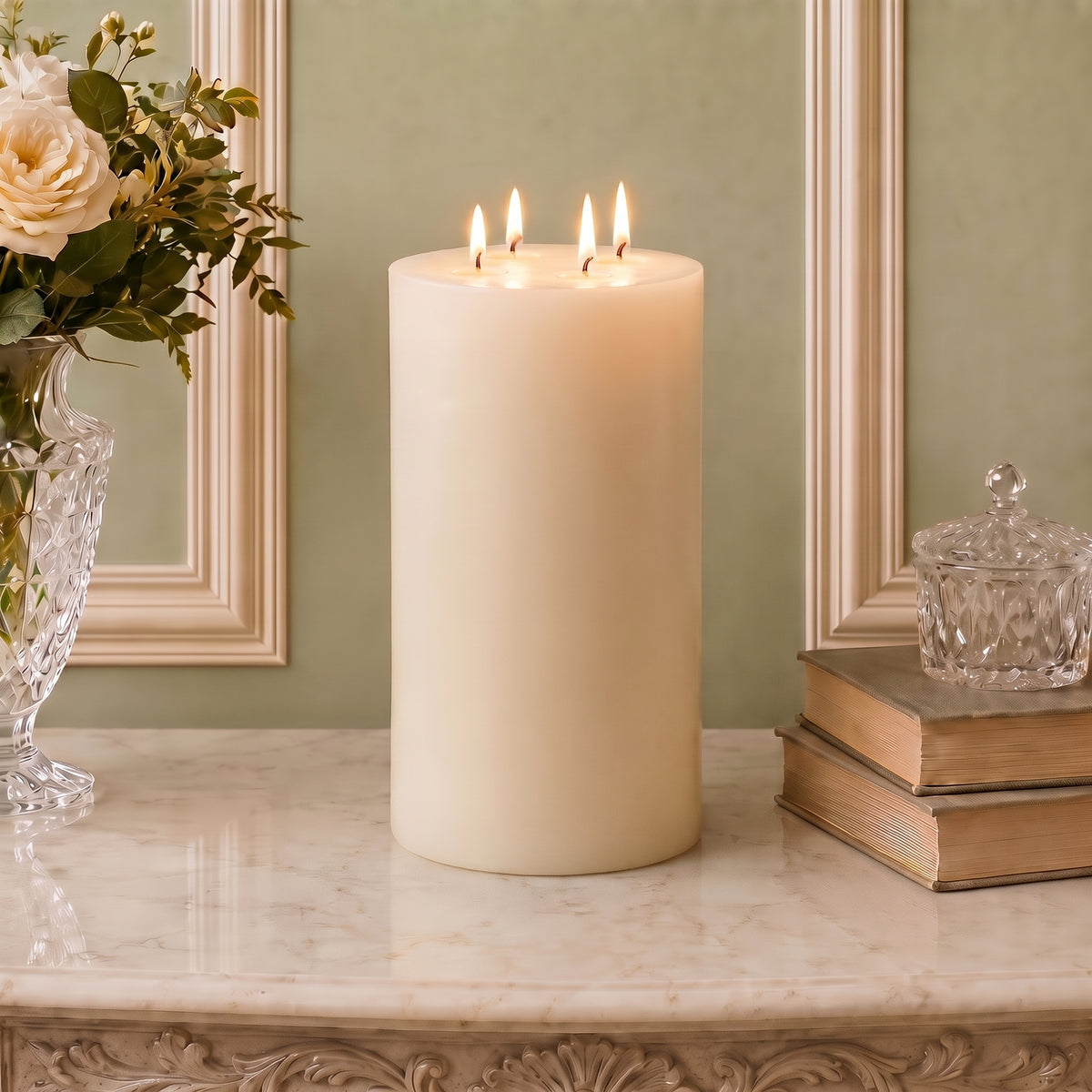 Extra-tall white beeswax pillar candle burning beside vintage books and a lidded glass dish.