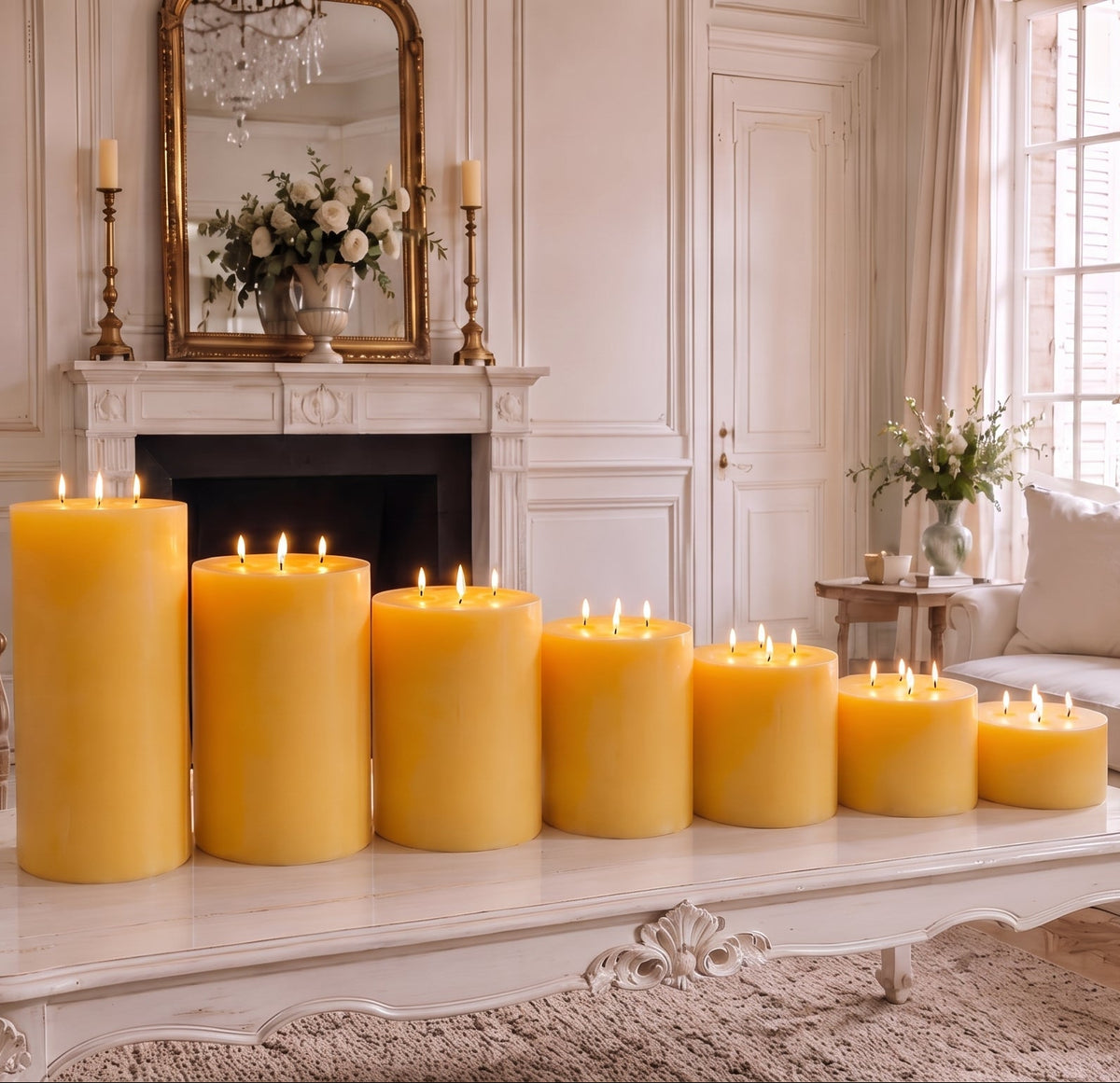 Seven wide golden multiwick beeswax pillars in graduated heights on a table in a cream-colored room.