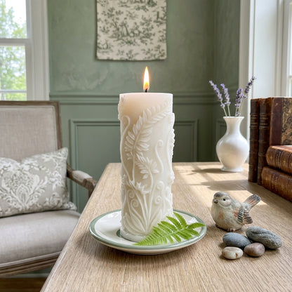 Fern Pillar Beeswax Candle in Yellow or White
