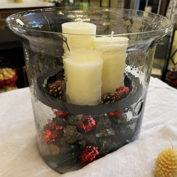 Hammered Glass Candle Holder with Decorative Metal Pan