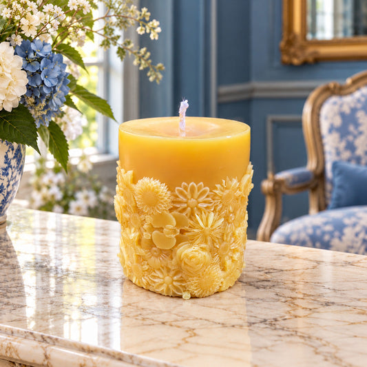 Boho Flower Garden Beeswax Pillar Candle