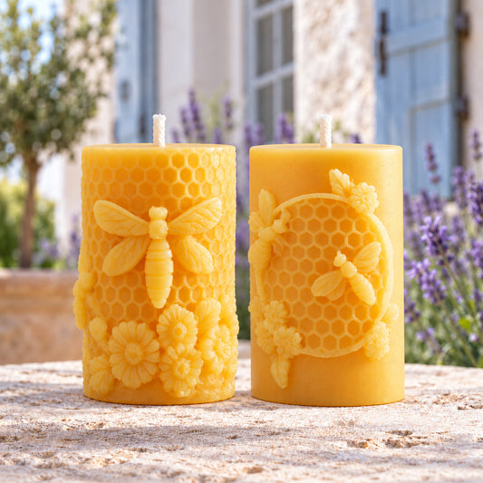 Honeycomb Floral Beeswax Pillar Candle Set