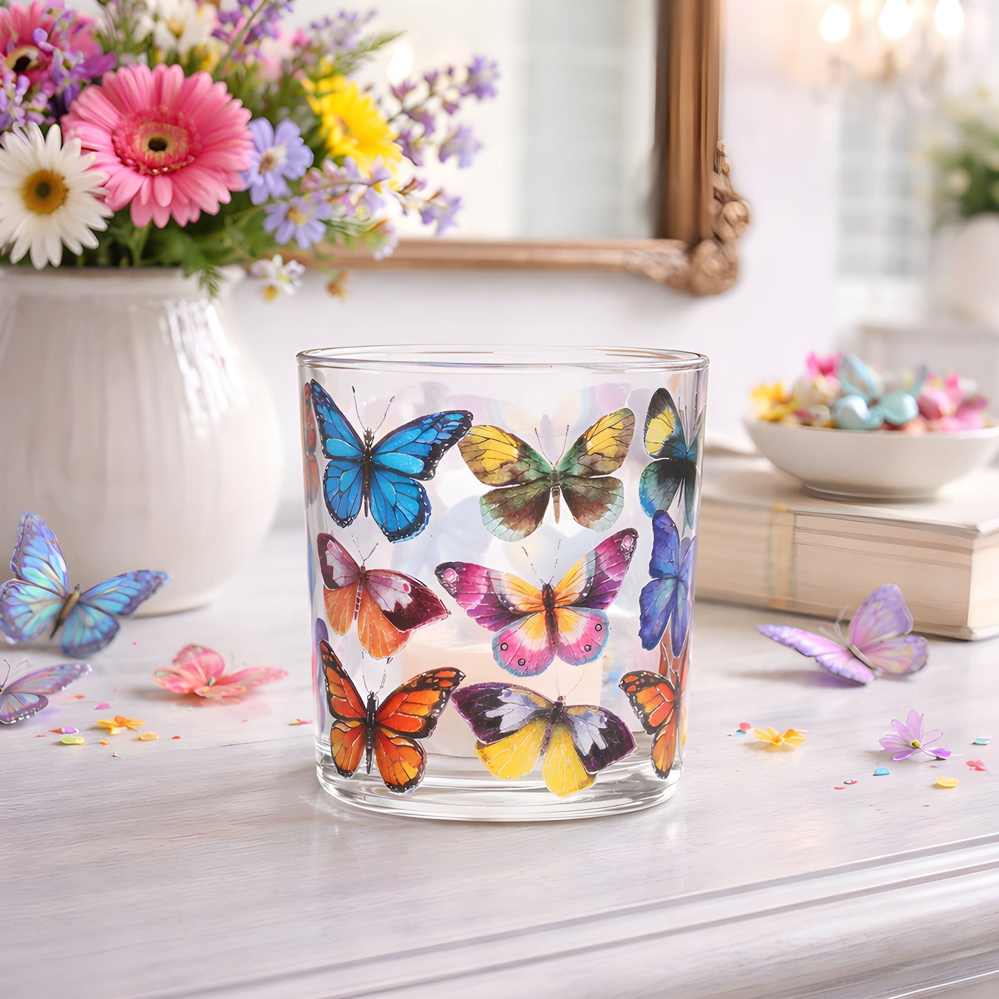 Colorful Butterflies Votive Glass 3 Inch Holder