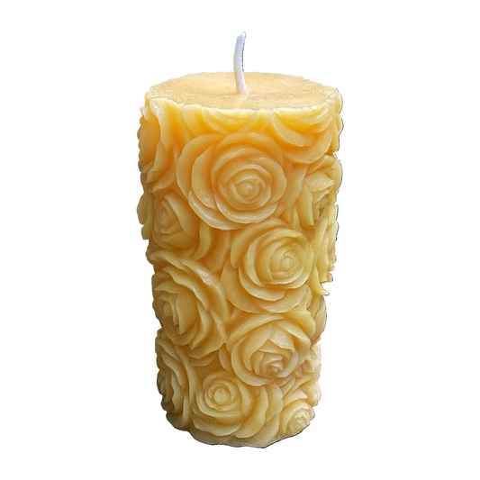 Mini Rose Beeswax Pillar Candle on a pure white background, original product photograph