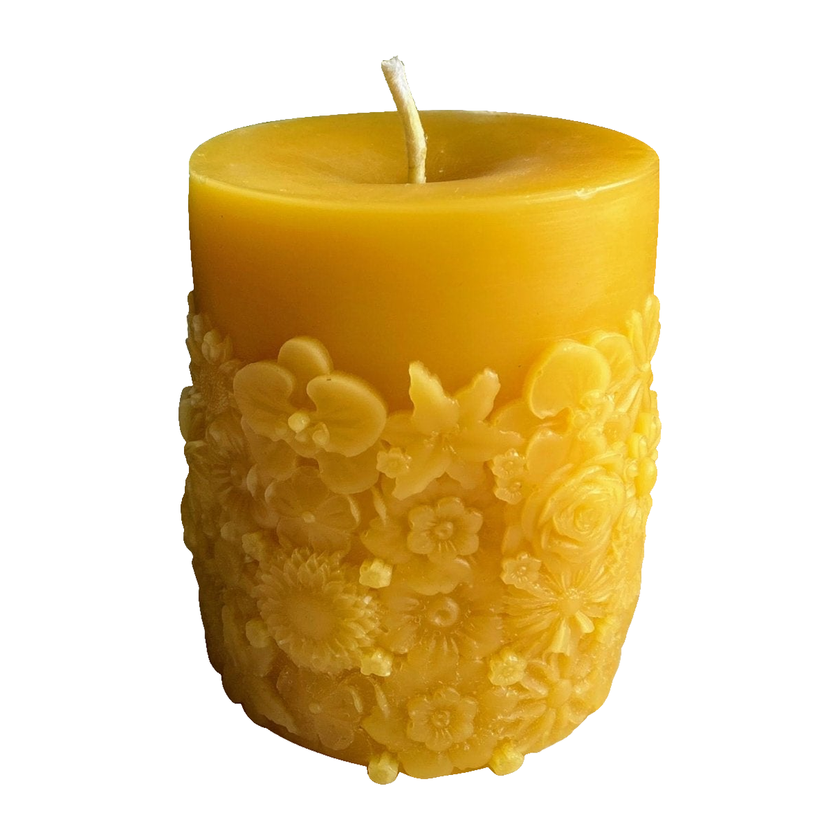 Boho Flower Garden Beeswax Pillar Candle on a pure white background