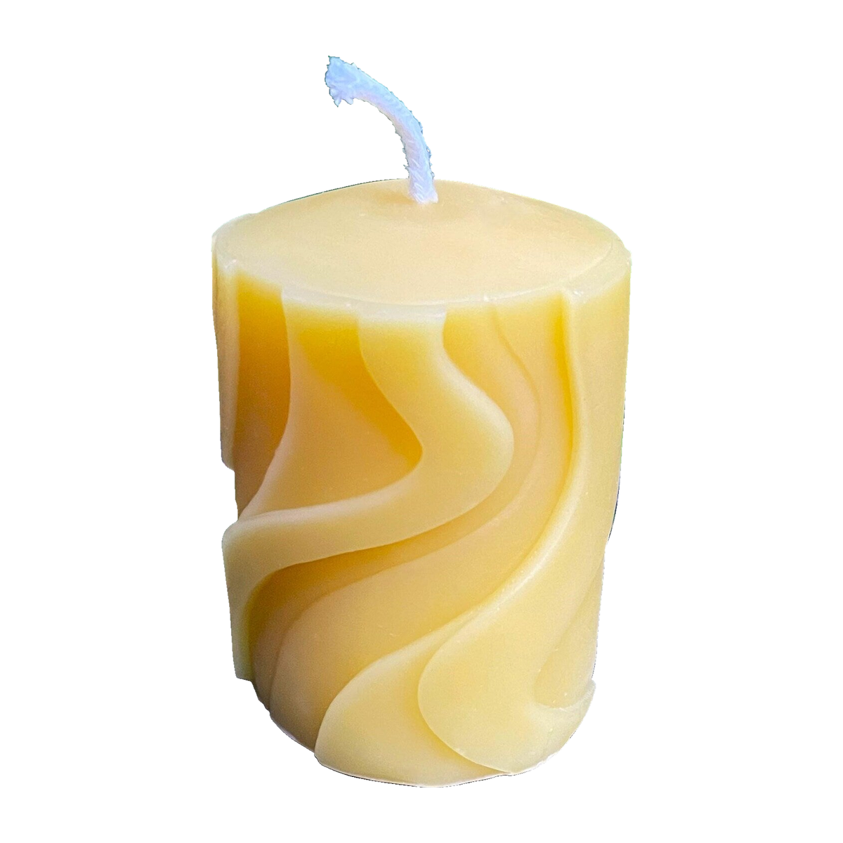Whirly Pillar Beeswax Candle on a white background.