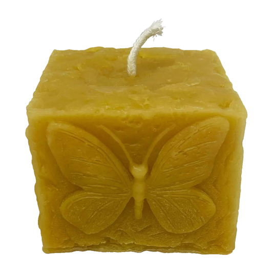 Square Butterfly Beeswax Pillar Candle on a pure white background.