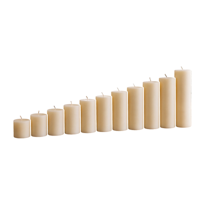 Candle Symphony 11 Piece White-Beeswax Pillar Set 3-Inch Diameter on a pure white background
