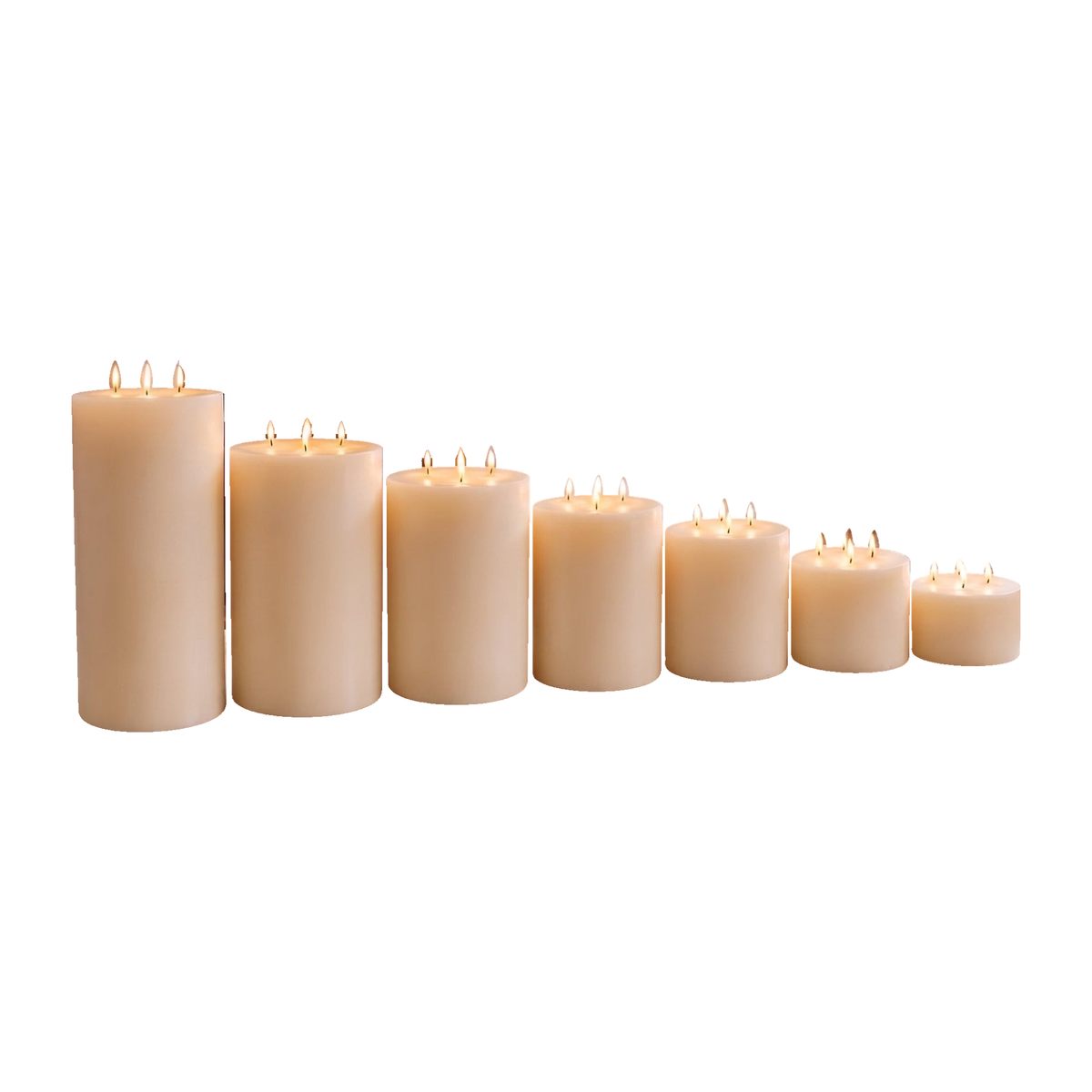 Set of seven white beeswax pillar candles, one of each offered height, on a white background.