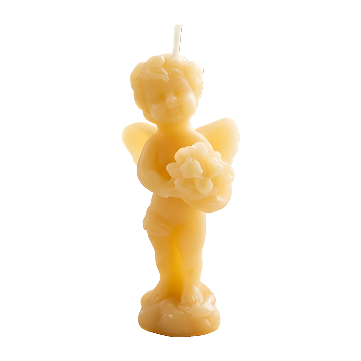 Angel Beeswax Candle Holding Floral Bouquet on a pure white background